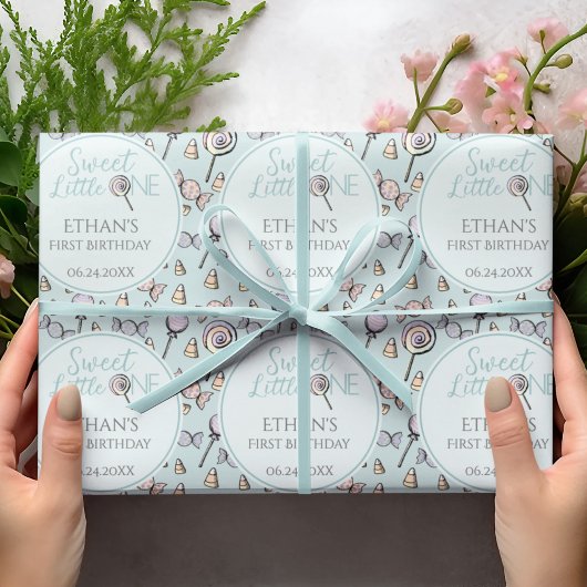 Papier Cadeau Bébé Bleu Premier Anniversaire Bonbons Thème