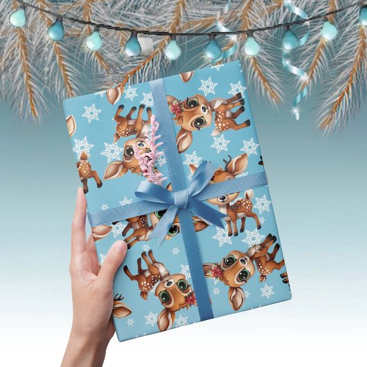 Papier Cadeau Bébé cerf, pie, Doe, renne 🦌 🎄 bleu, Flamme de n
