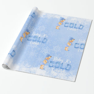 Papier Cadeau Bébé C'est Froid Flocon de Neige Bleu Garçon Douch