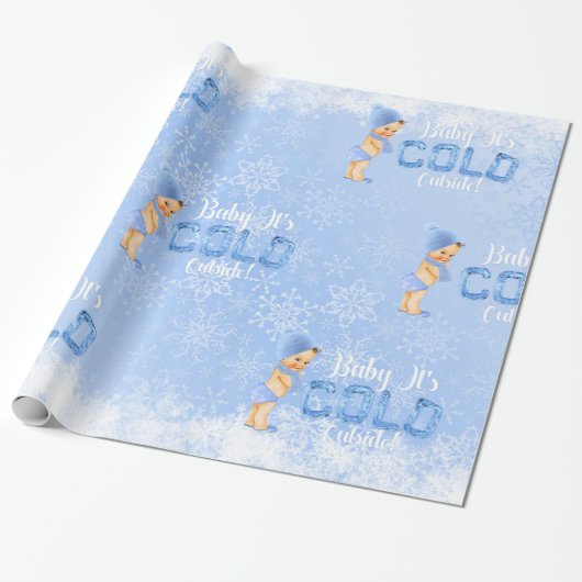 Papier Cadeau Bébé C'est Froid Flocon de Neige Bleu Garçon Douch (Déroulé)
