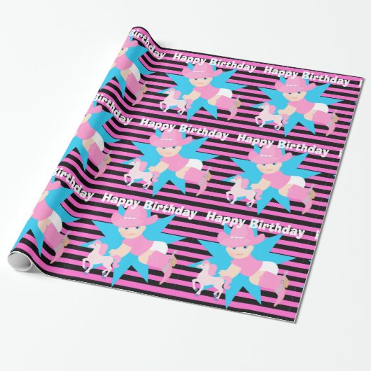 Papier Cadeau Bébé Cowgirl Joyeux anniversaire (Déroulé)