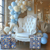 Papier Cadeau Bébé dinosaure bleu Fleurs jaunes et bleues