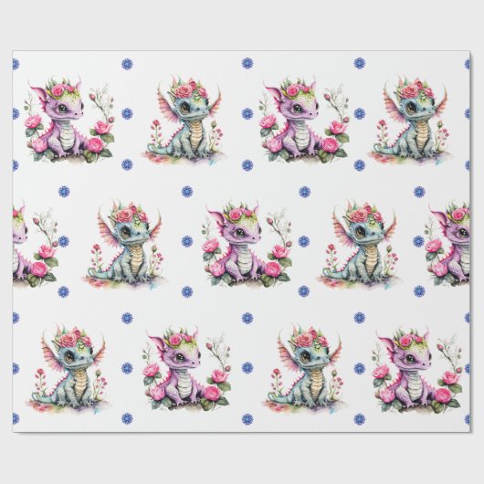 Papier Cadeau Bébé Dragons adorables et flocons de neige sur bla (Plat)