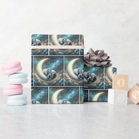 Papier Cadeau Bébé Eléphant Dormir Sur Crescent Moon (Baby Shower)