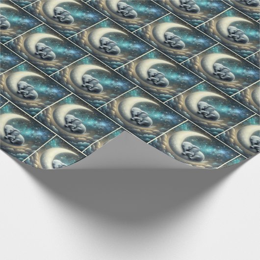 Papier Cadeau Bébé Eléphant Dormir Sur Crescent Moon (Coin)
