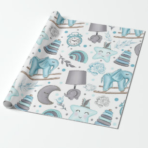 PAPIER CADEAU BÉBÉ ÉLÉPHANTS BLEUS & GRIS LAMPS JOUETS