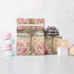 Papier Cadeau Bébé endormi dans une fleur rose Félicitations
