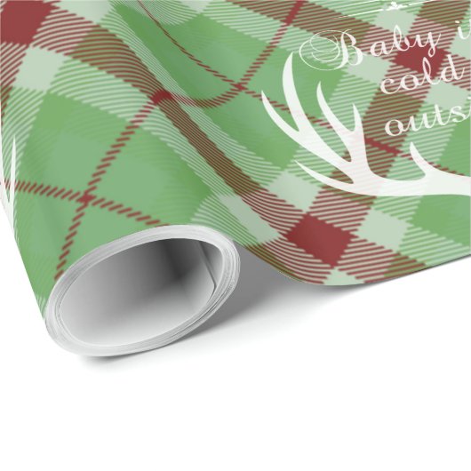 Papier Cadeau Bébé est froid dehors Script Vert Plaid Holiday (Coin rond)