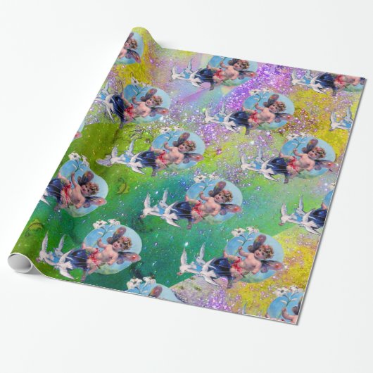 PAPIER CADEAU BÉBÉ FAIRY AVEC DES POIDS EN PURPLE ÉCLAIRAGE VERT (Déroulé)