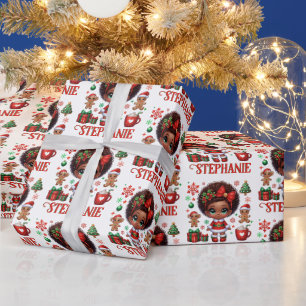 Papier Cadeau Bébé fille afro-américaine Santa Noël