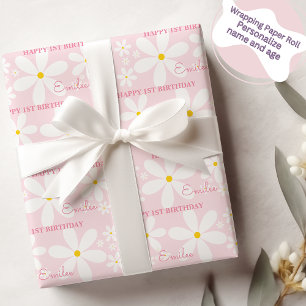 Papier Cadeau Bébé Fille Fleur de Marguerite (Rose)