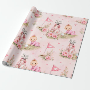 Papier Cadeau Bébé fille golf pour Baby Shower sur rose