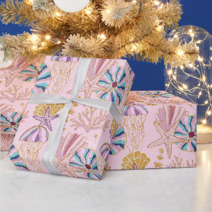 Papier Cadeau Bébé Fille Rose Sous l'Océan Pailleté