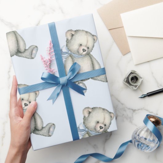 Papier Cadeau Bébé Garçon Teddy Ours Bleu Aquarelle Cadeau (Cadeaux)