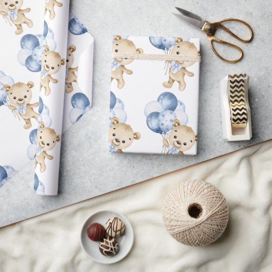Papier Cadeau Bébé Garçon Teddy Ours Bleu Aquarelle Papier d'env (Artisanat)