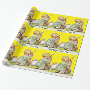 PAPIER CADEAU BÉBÉ HUGGING BUNNY DE PÂQUES, JAUNE