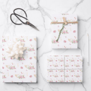 Papier cadeau Bébé joli Cygne aquarelle et rose ro