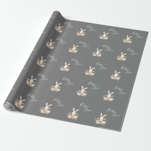 Papier Cadeau Bébé mignon Amour Script Lapin Gris Douche lapin (Déroulé)