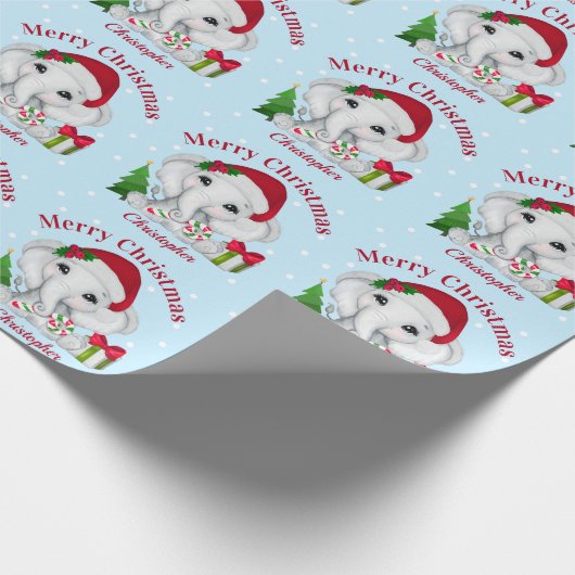 Papier Cadeau Bébé mignon éléphant Joyeux Noël bleu (Coin)
