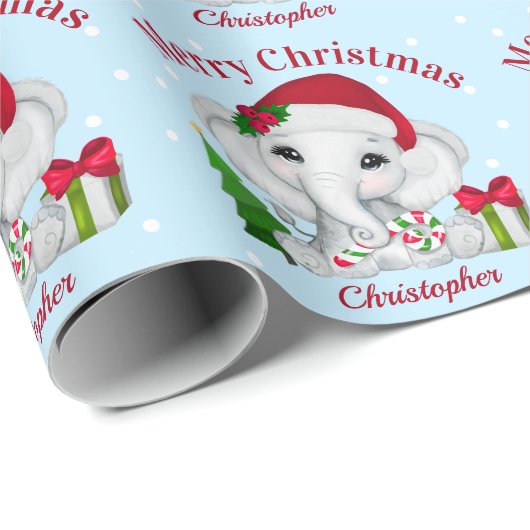 Papier Cadeau Bébé mignon éléphant Joyeux Noël bleu (Coin rond)