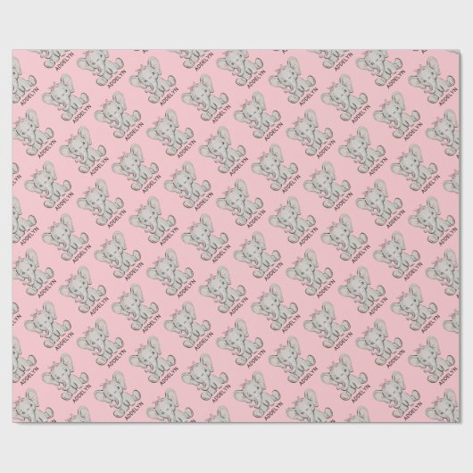 Papier Cadeau Bébé mignon éléphant rose petit nom de fille Wrapp (Plat)