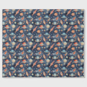 Papier Cadeau Bébé mignon Espace Planète Aquarelle Bleu Orange (Plat)