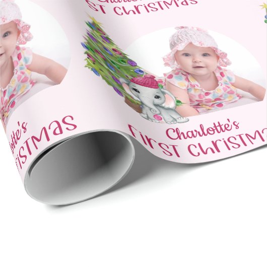 Papier Cadeau Bébé mignon fille photo Eléphant premier Noël rose (Coin rond)