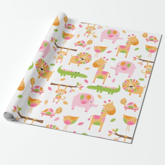Papier Cadeau Bébé mignon fille rose Jungle papier d'enveloppeme (Déroulé)