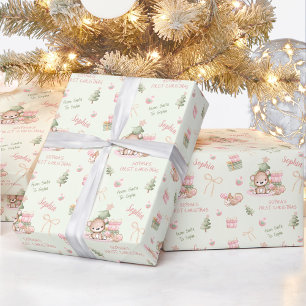 Papier Cadeau Bébé mignon fille rose vert Nom Texte Noël
