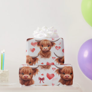 Papier Cadeau Bébé mignon Highland Cow Valentine Motif de coeur