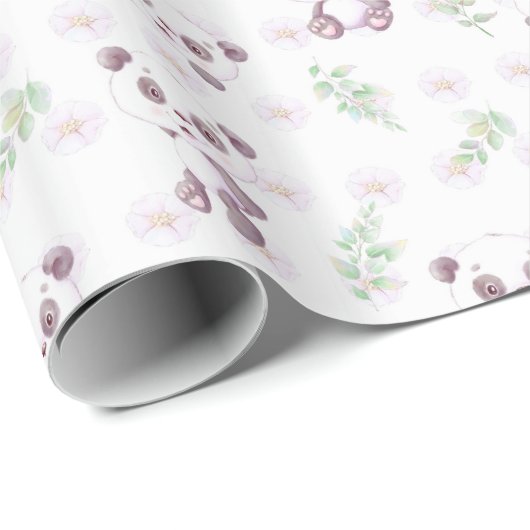 Papier Cadeau Bébé mignon Panda Fleurs Baby shower Ballons (Coin rond)