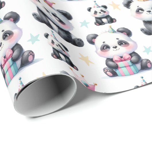 Papier Cadeau Bébé mignon Panda ours Motif blanc (Coin rond)