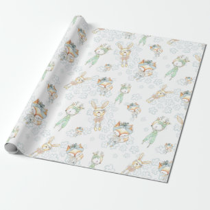 Papier Cadeau Bébé mou Forêt de bois Animaux Fox Bunny