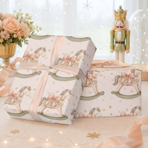 Papier cadeau bébé Noël Cheval à bascule aquarelle