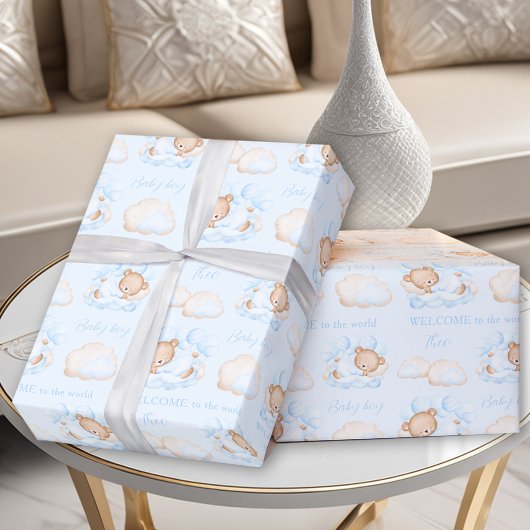 Papier Cadeau Bébé Ours Bleu Nouveau-né Bébé Nom du garçon