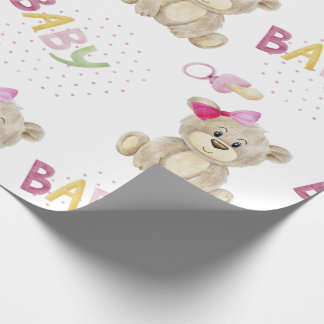 Papier Cadeau Bébé rose Ours Aquarelle Bébé Fille Douche Cadeau