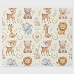 Papier Cadeau Bébé Royal Safari Animaux de la Forêt Ivoire Or Sa