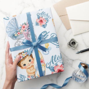 Papier Cadeau Bébé Tropical Aloha Shower Nouveau-Né Bleu