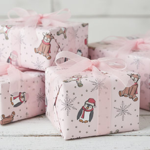 Papier Cadeau Bébés roses Premiers animaux d'hiver de Noël