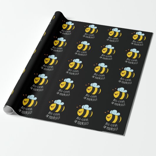 Papier Cadeau Bee-lieve in Yourself Funny Bee Pun Dark BG (Déroulé)