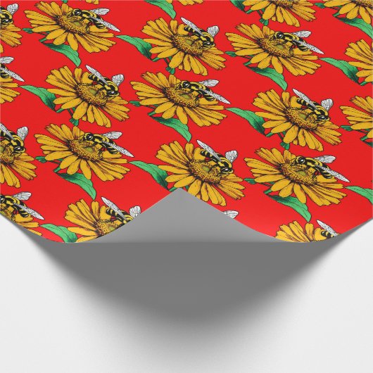 Papier Cadeau Bee on Sunflower Flower Pattern Design Red  (Coin)