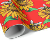 Papier Cadeau Bee on Sunflower Flower Pattern Design Red  (Coin rond)