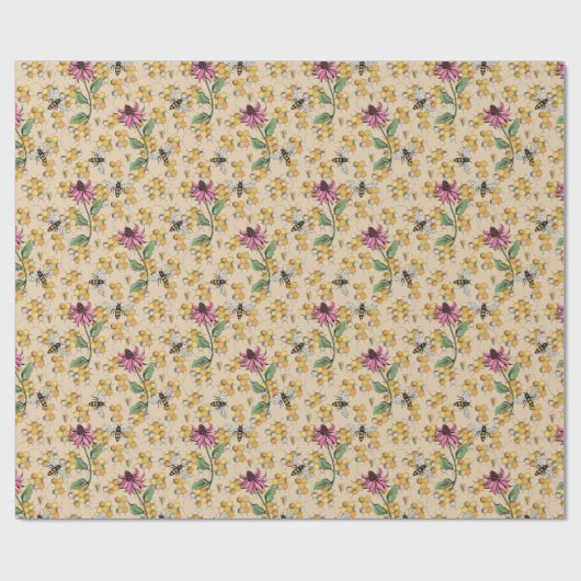 Papier Cadeau Bee, peigne d'or romantique et fleurs (Plat)