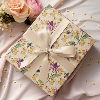Papier Cadeau Bee, peigne d'or romantique et fleurs