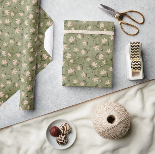 Papier Cadeau Bees Flowers Sage Green Wrapping Paper (Artisanat)