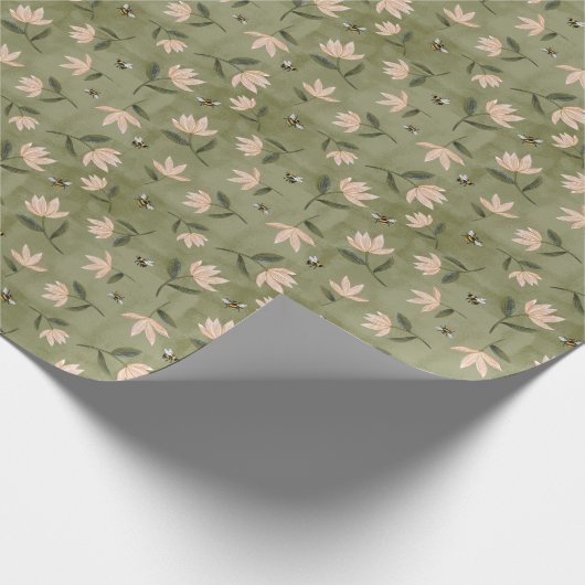 Papier Cadeau Bees Flowers Sage Green Wrapping Paper (Coin)