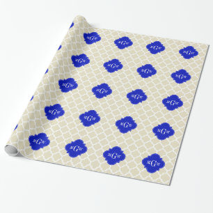 Papier Cadeau Beige Avec Marocain #5 Bleu Royal 3 Monogramme Ini