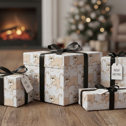 Papier Cadeau Beige Cat Drawing with Green Eyes