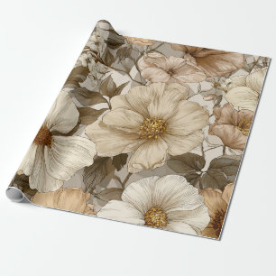 Papier Cadeau Beige Crème Marron Fleur Pastel Bohème 70s Vintage