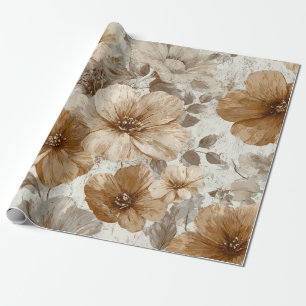 Papier Cadeau Beige Crème Marron Fleur Pastel Bohème 70s Vintage
